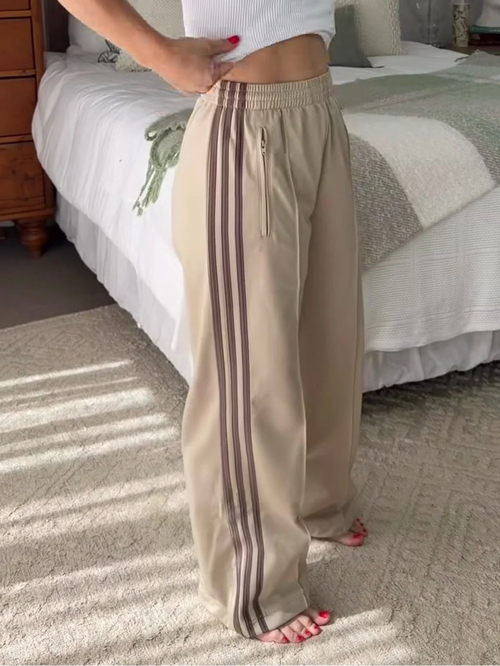 adidas Classic Firebird Women’s Loose Track Pants Khaki or Semi Lucid Red - Picture 9 of 16